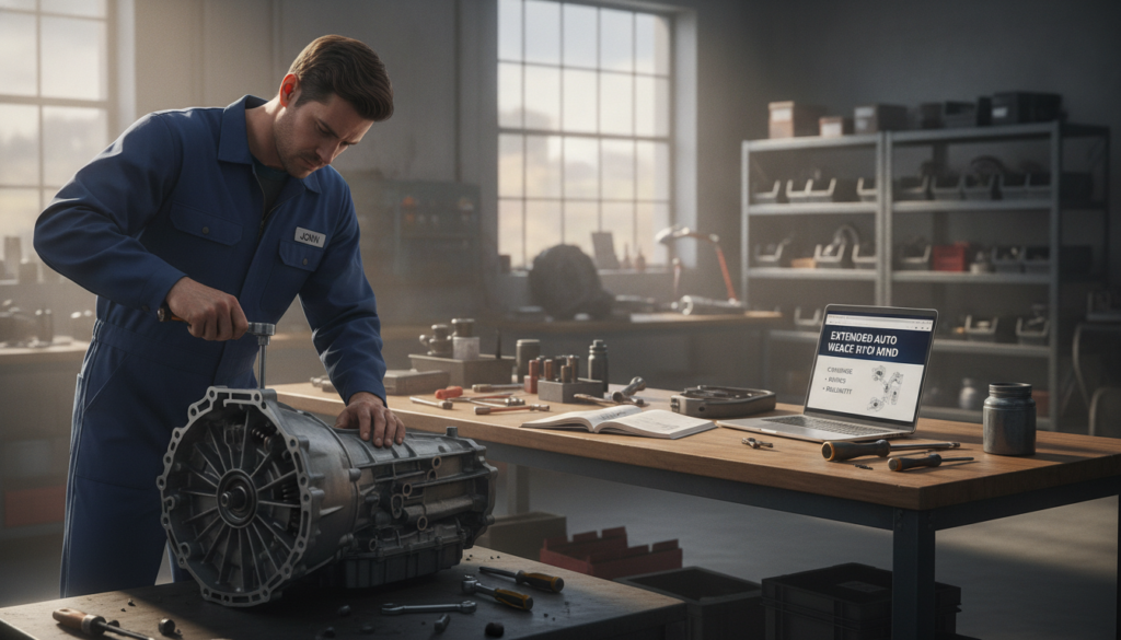 A detailed illustration of a car transmission under repair in a well-lit mechanic's workshop, emphasizing the importance of an extended warranty. In the foreground, a mechanic in a professional blue jumpsuit, focused on inspecting a complex transmission assembly with tools strategically laid out nearby. In the middle ground, a workbench covered with automotive tools, parts manuals, and a laptop displaying warranty information. The background features shelves stocked with spare parts, with bright, natural lighting streaming through large windows to create a professional yet inviting atmosphere. The scene conveys a sense of trust, expertise, and security, ideal for an article about vehicle maintenance.