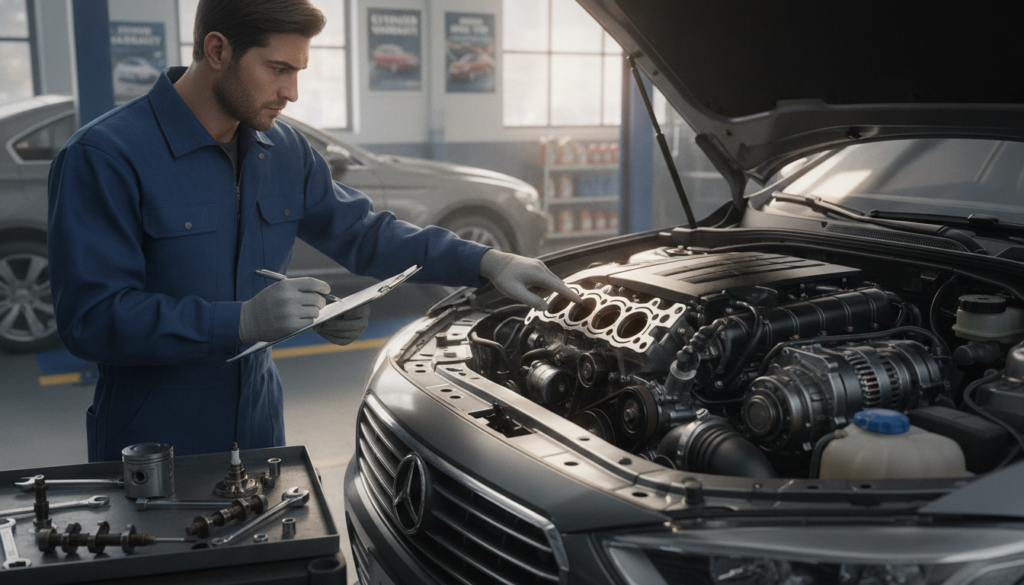 A detailed illustration of a mechanic examining a car engine, focusing on the intricate components and potential failure points, such as a cracked cylinder or leaking oil. In the foreground, a professional mechanic in a blue uniform holds a clipboard, looking thoughtfully at the engine. The middle ground features the car on a lift, with tools and parts scattered around, creating a busy workshop atmosphere. The background shows a brightly lit garage with posters about car warranties and engine maintenance tips on the walls. Use soft ambient lighting to create a warm and informative mood, with a slight depth of field effect to emphasize the mechanic and engine details. The overall composition should convey a sense of professionalism and reliability in automotive care.