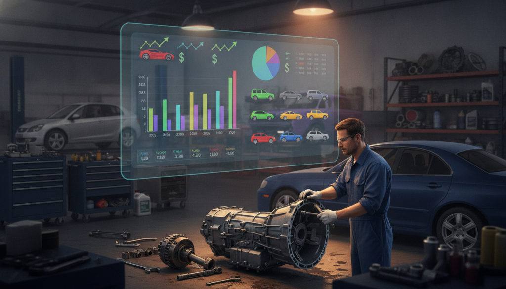 A detailed illustration of a vehicle repair shop focused on transmission repair costs, showcasing a variety of cars in different colors and models. In the foreground, a mechanic in professional attire inspects a vehicle's transmission, using tools with precision. The middle ground features a large digital board displaying estimated repair costs for various vehicles, with charts and icons representing different car models. The background includes shelves stocked with tools and spare parts, emphasizing a bustling workshop atmosphere. Soft, warm lighting highlights the focused work area, while a shallow depth of field creates a sense of depth and professionalism. The overall mood is informative and engaging, conveying expertise in vehicle repair costs without any text or distractions.
