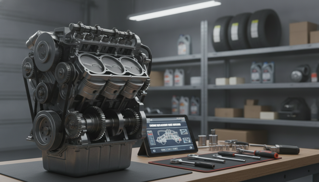 A detailed, visually striking illustration of a car engine and its components displayed on a workbench in a well-lit garage. The foreground features a close-up view of the engine with various parts like pistons, crankshaft, and camshaft, highlighting the intricate mechanics involved. In the mid-ground, tools such as wrenches and screwdrivers are organized neatly, suggesting a professional workspace. The background shows shelves filled with engine oil, spare parts, and car accessories, contributing to a mechanic's environment. The lighting is bright and focused, emphasizing the engine parts’ shiny metallic surfaces, bringing out the textures. The mood is informative and technical, reflecting a serious approach to understanding engine replacement costs. No human figures are present, ensuring a clean focus on the subject matter.
