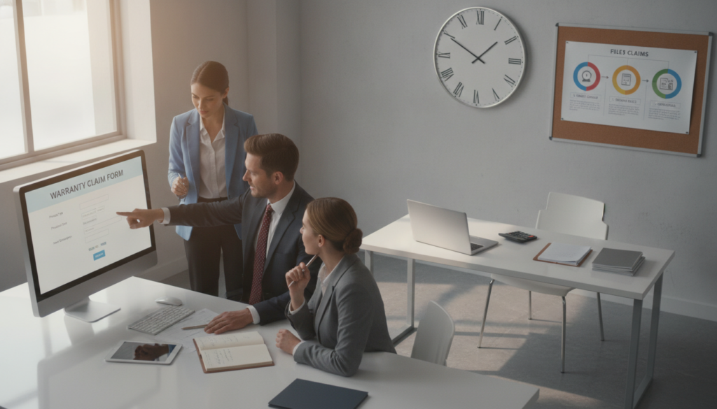 A professional office environment showcasing the warranty claim process. In the foreground, a diverse group of individuals in business attire, including a man and a woman, discussing documents and pointing at a computer screen displaying warranty forms. The middle ground features a clean, organized desk with a laptop, a notepad, and a calculator, emphasizing efficiency. In the background, a wall clock shows time passing, representing urgency, while a bulletin board displays step-by-step infographics on filing warranty claims. Soft, natural lighting filters through a window, creating a warm and focused atmosphere. Capture this scene from a slightly elevated angle to provide a clear view of the interactions and workspace. The overall mood is professional and encouraging, highlighting the ease of the claim process.