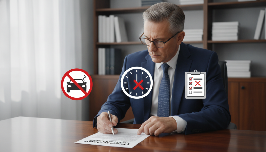 A professional, well-lit office space with a sleek wooden desk in the foreground, where a middle-aged man in a smart suit examines a detailed warranty document. He appears focused, with a thoughtful expression, as he points out crucial terms. Surrounding him are visual elements representing common car warranty pitfalls, such as icons of a broken car, a clock symbolizing warranty expiration, and a checklist with crossed items, subtly integrated into the background. The lighting is bright yet soft, creating a serious and informative atmosphere. In the background, shelves lined with various car manuals and warranty documents enhance the context. The overall composition conveys a sense of caution and education regarding extended car warranties.