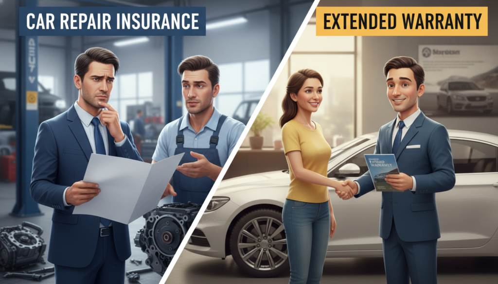 A split-screen illustration contrasting car repair insurance and extended warranty. In the foreground, on the left, a confident professional in business attire examines an auto repair shop receiving a service estimate, looking thoughtful and slightly puzzled. On the right, a joyful customer in modest casual clothing stands next to their vehicle, happily discussing an extended warranty with a friendly representative. The background features a modern auto repair workshop with tools and car parts, alongside a sleek office setting with brochures for warranties. The lighting is bright and inviting, emphasizing a sense of clarity and choice. Use a DSLR camera lens effect for a crisp depth of field, conveying an atmosphere of informed decision-making and empowerment.