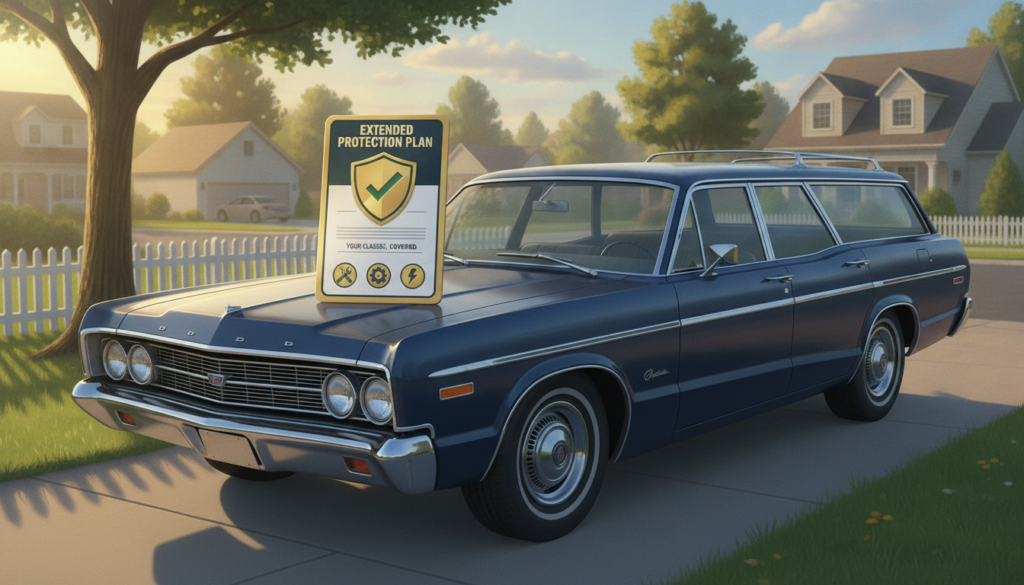 A visually engaging illustration of an older car parked in a suburban driveway, showcasing a shiny warranty document placed prominently on the hood. In the foreground, the document features symbols of protection like a shield or checkmark, emphasizing the concept of an extended warranty. The middle ground highlights the classic car's subtle imperfections, such as slight rust and vintage charm, symbolizing the appeal of older vehicles. In the background, a peaceful neighborhood setting with trees and houses under a sunny sky conveys a warm, reassuring atmosphere. Soft, natural lighting illuminates the scene from the left, creating gentle shadows and enhancing the car's features. The mood feels optimistic and approachable, inviting readers to consider the affordability and ease of obtaining an extended warranty for their older cars.