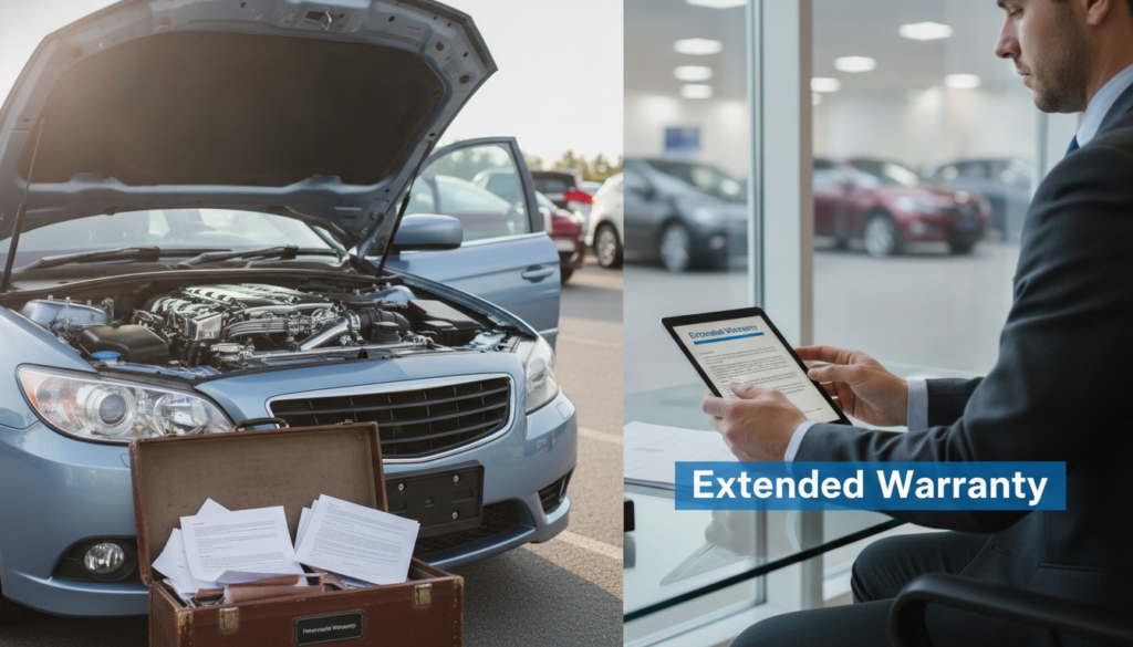 A visually striking composition contrasting a powertrain warranty and an extended warranty. In the foreground, depict a well-maintained vehicle with its hood open, showcasing a shiny, intricate engine. To one side, illustrate a briefcase filled with paperwork labeled "Powertrain Warranty" in a subtle manner. In the middle ground, place a vibrant, modern office setting with a professional-looking individual in business attire, reviewing a document titled "Extended Warranty." The background should feature a soft-focus view of a dealership showroom showcasing various cars. The lighting is bright and inviting, emulating a confident business atmosphere. The overall mood is informative and professional, aimed at conveying a clear distinction between the two types of warranties.