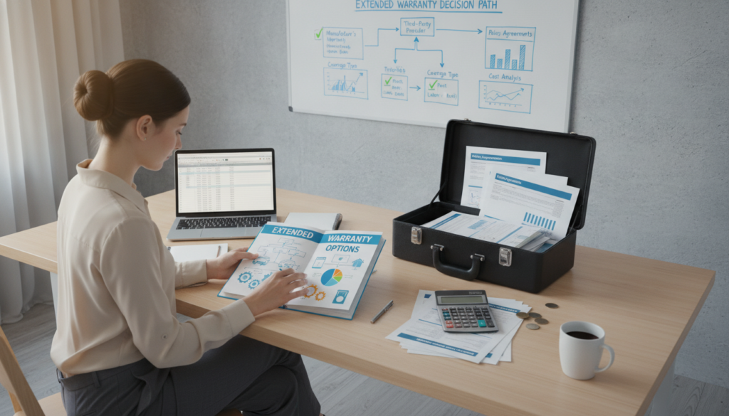 A well-organized office setting focusing on an extended warranty guide. In the foreground, a professional businessperson, dressed in modest attire, examines a detailed, colorfully illustrated guidebook titled "Extended Warranty Options" while seated at a modern desk cluttered with notes and a laptop. The middle ground features an open briefcase displaying warranty documents and a calculator, symbolizing financial considerations. In the background, a wall-mounted whiteboard displays a flowchart about extended warranties, with graphs and check marks to indicate decision paths. Soft, warm lighting illuminates the scene, creating an inviting and informative atmosphere. Capture this image from a slight overhead angle to give a comprehensive view of the workspace.