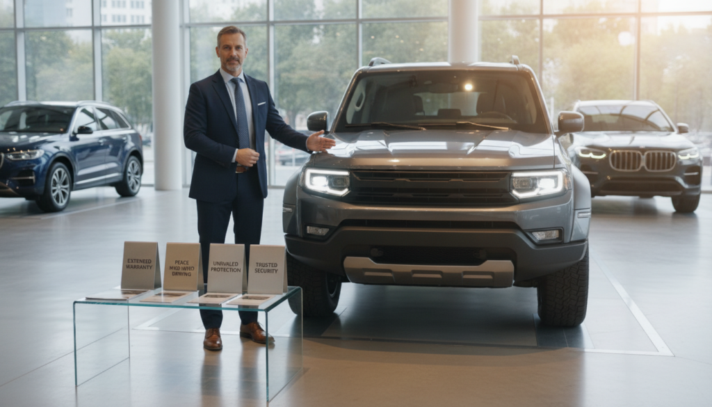 A modern SUV parked in a sleek, professional showroom, showcasing its robust design and features. In the foreground, a well-dressed business professional, a middle-aged man in a tailored suit, gestures towards the SUV, exemplifying expertise in vehicle protection. The middle ground features promotional materials for extended warranties, elegantly displayed on a sleek glass table, emphasizing quality and security. The background includes a soft-focus view of additional SUVs and a subtle, spacious ambiance that enhances the atmosphere of trust and professionalism. Warm, natural lighting floods the scene, creating an inviting and reassuring feel, with a slight lens flare to add depth. The overall mood conveys safety, reliability, and confidence in choosing a warranty for protecting one's vehicle.