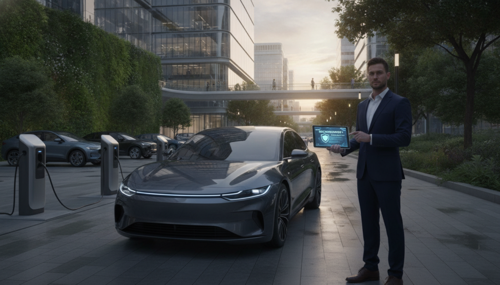 A modern electric vehicle parked proudly in an urban environment, showcasing its sleek lines and futuristic design. In the foreground, a confident, professional-looking person in business attire examines a digital warranty document on a tablet, symbolizing security and trust. Surrounding them, lush greenery and stylish architecture create a vibrant, inviting atmosphere. The middle ground features additional electric vehicles and charging stations, emphasizing the growth of sustainable transportation. Soft, natural lighting casts gentle shadows, creating a serene mood. Use a wide-angle perspective to capture the energy of the scene, while ensuring the focus remains on the vehicle and the warranty document.