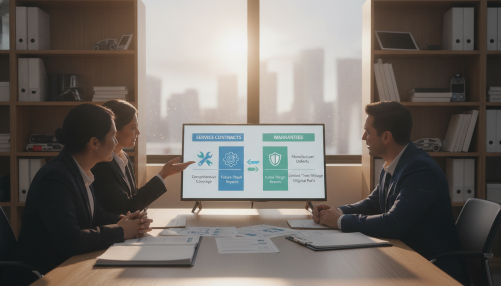 A professional setting representing the concept of vehicle service contracts and warranties. In the foreground, a diverse group of three individuals in business attire is engaged in a discussion around a table filled with documents, illustrations of vehicle diagrams, and contracts. One person points at a visually appealing infographic that compares service contracts to warranties. In the middle, a large window lets in soft, natural light, creating a warm and inviting atmosphere. In the background, neatly organized shelves display automotive manuals and electronic devices adding a technological touch. The overall mood is informative and collaborative, reflecting an educational atmosphere as the group shares insights about vehicle service contracts.