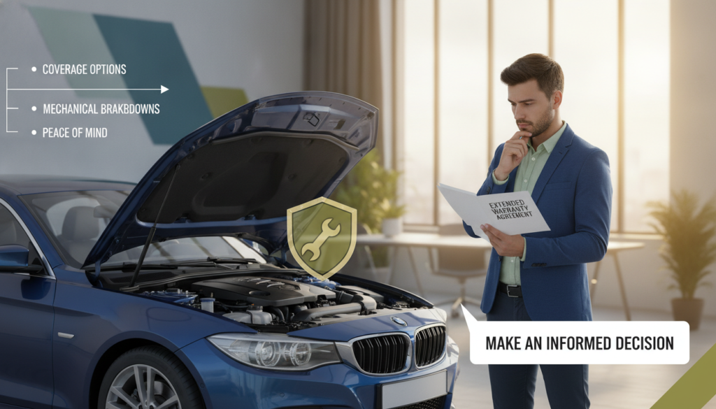 A visually engaging infographic-style overview of an extended car warranty. In the foreground, depict a well-maintained car with its hood open, showcasing engine components, symbolizing reliability. In the middle ground, include a thoughtful individual in professional business attire, examining warranty documents with a look of contemplation. The background should feature a modern office setting with a large window, allowing natural light to filter in, creating a bright and inviting atmosphere. Use a soft focus on the background while keeping the foreground sharp to draw attention to the car and the person. The color palette should be warm, with shades of blue and green to evoke trust and professionalism, underscoring the theme of making informed decisions about extended car warranties.